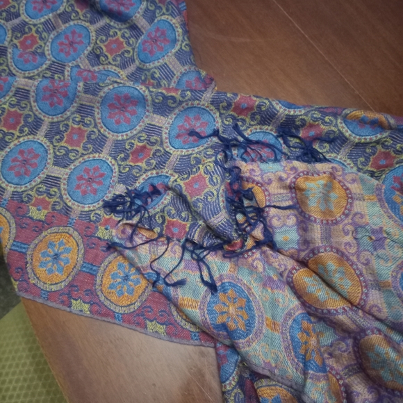Colorful Patterned Scarf with Fringe - Picture 3 of 3